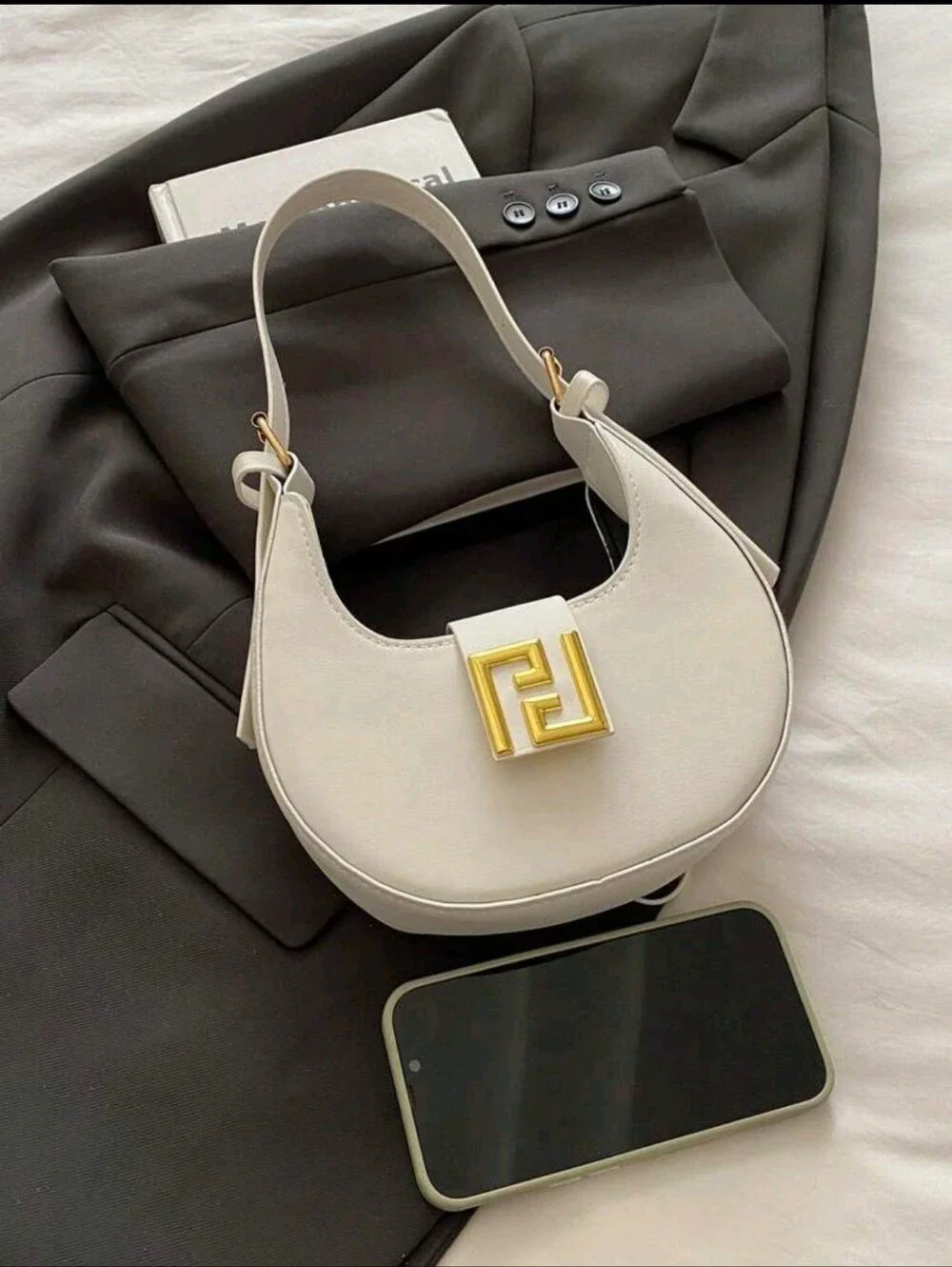 BRAND NEW ** Cream Crescent Shoulder Bag with Gold Accent